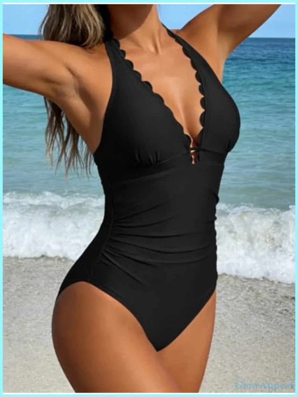 Scalloped V Neck Halter One Piece Swimsuit Tummy Control Push Up